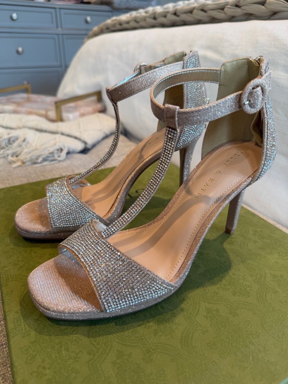 Kelly & Katie Glitter Rhinestone T-Strap High Heel Sandals in Silver
